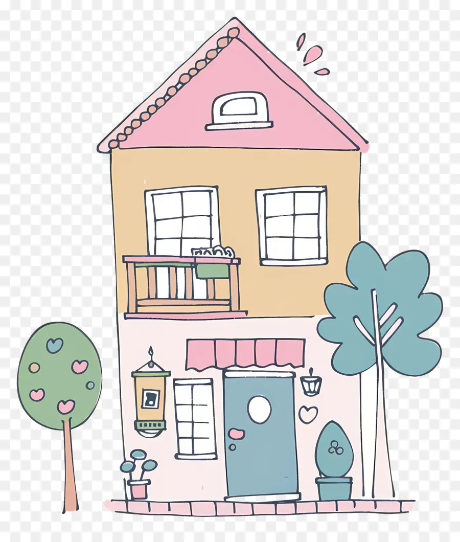 Doodle，Petite Maison Rose Et Bleue PNG