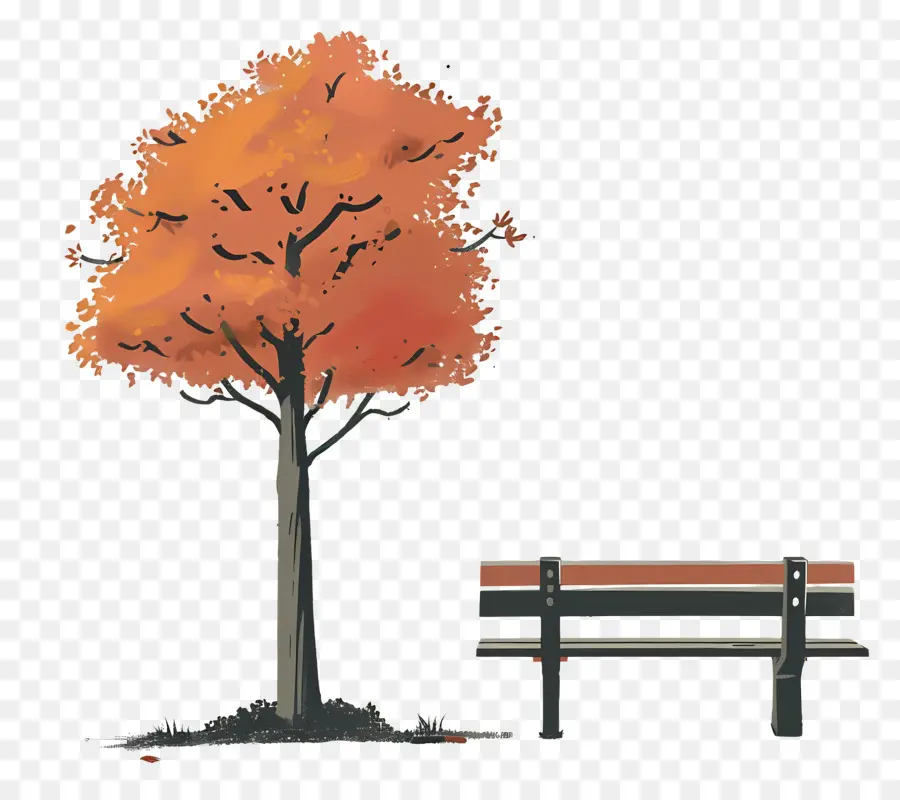 Banc De Parc，Arbre Avec Des Feuilles Rouges PNG