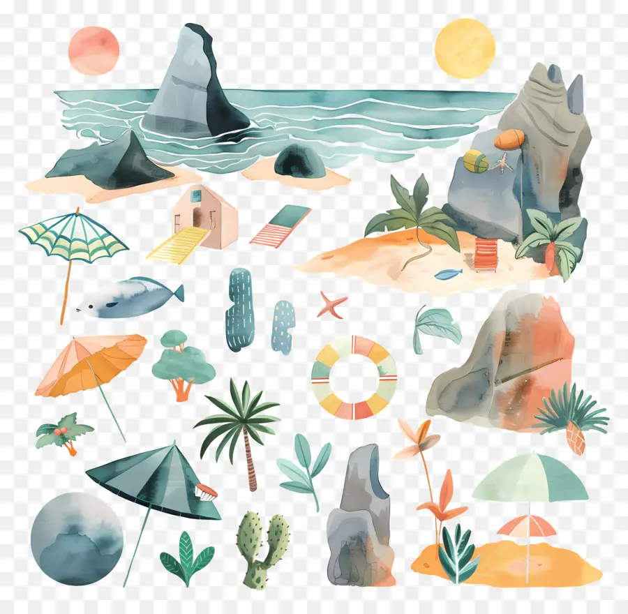 Plage，Des Illustrations à L'aquarelle PNG