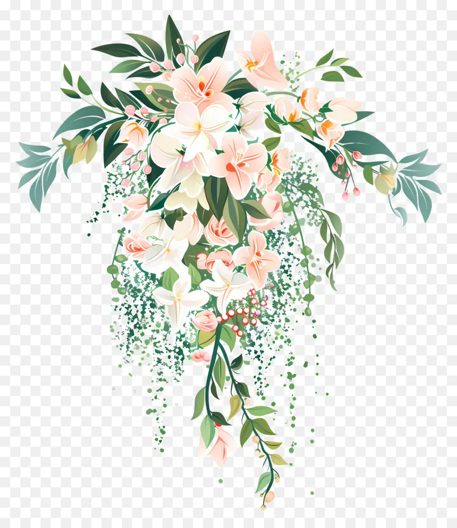 Bouquet De Mariée En Cascade，Illustration Aquarelle PNG