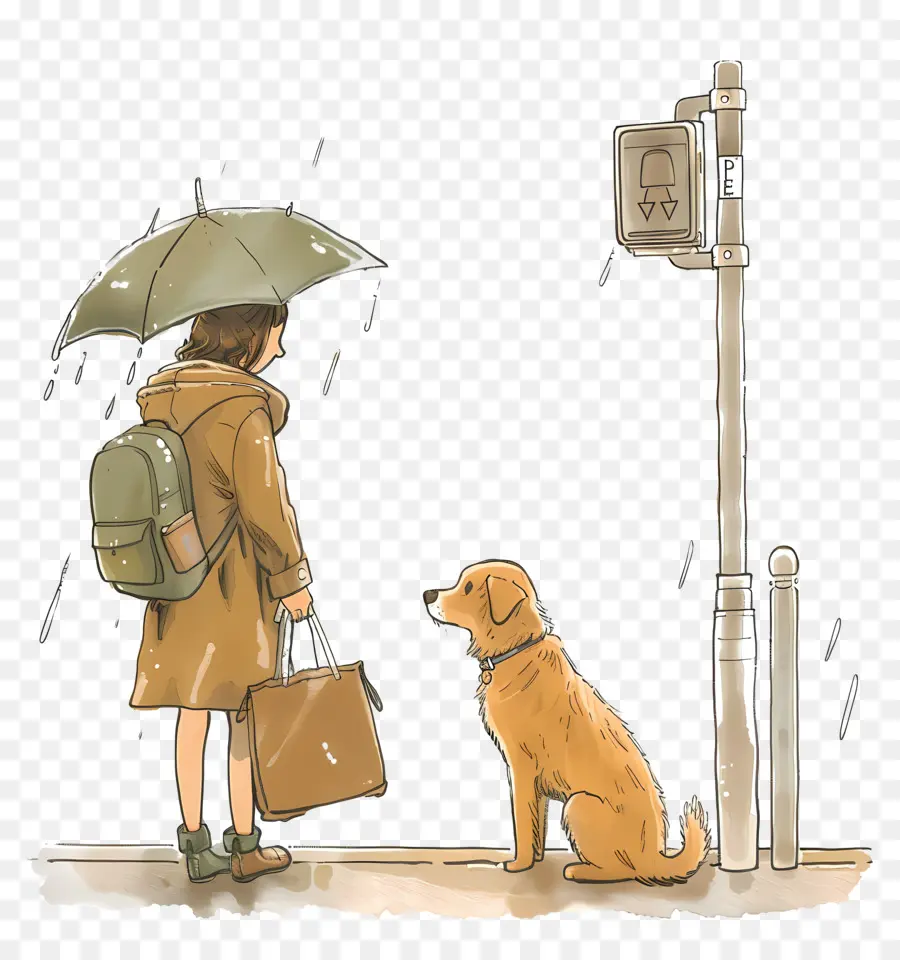 Fille Et Le Chien，En Attendant Le Bus PNG