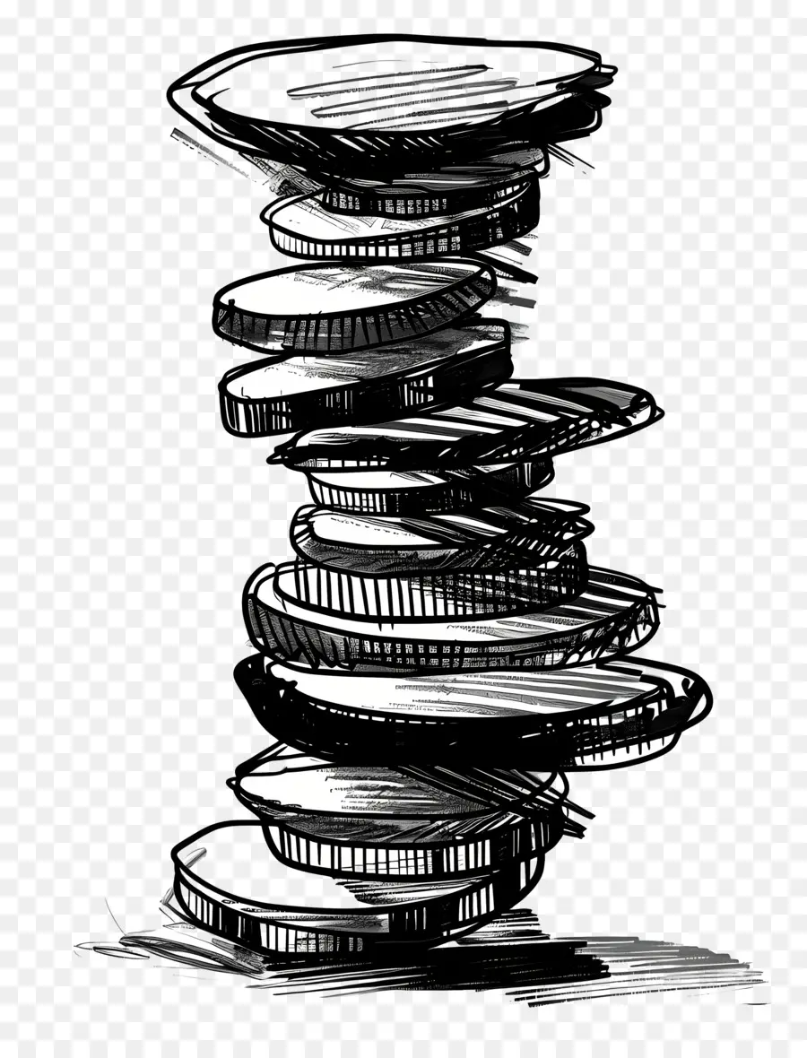 Pile De Pièces De Monnaie，Dessin Noir Et Blanc PNG