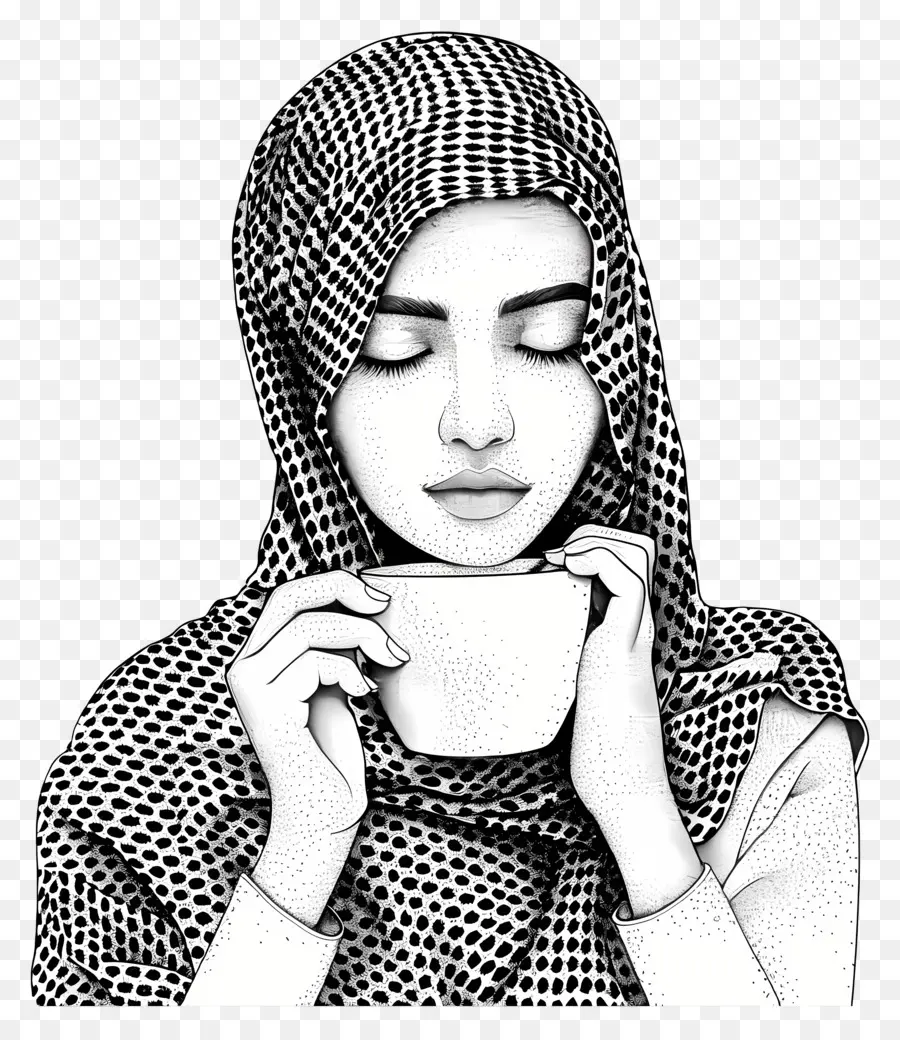 Fille Islamique，Tenser Une Tasse De Café PNG