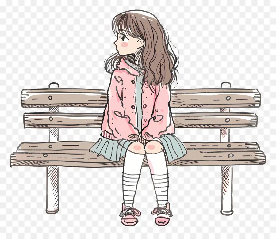 Fille Assise Sur Le Banc，Le Style Cartoon PNG