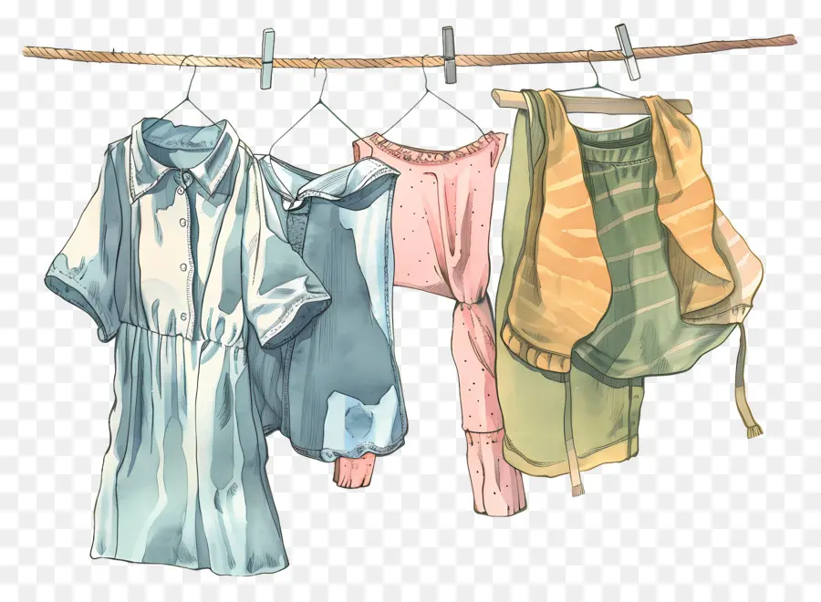 Vêtements Accrochés à La Corde à Linge，Dessin à L'aquarelle PNG