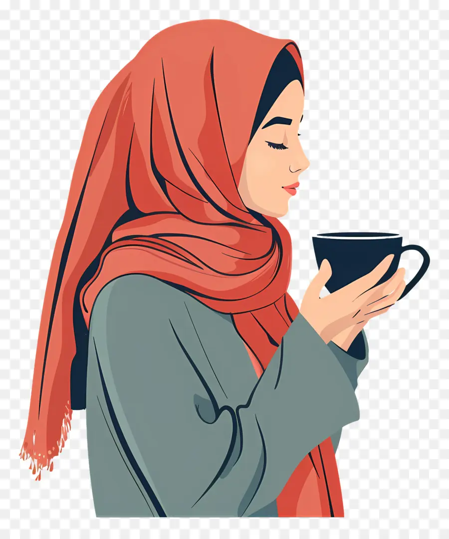 Fille Islamique，Tenser Une Tasse De Café PNG