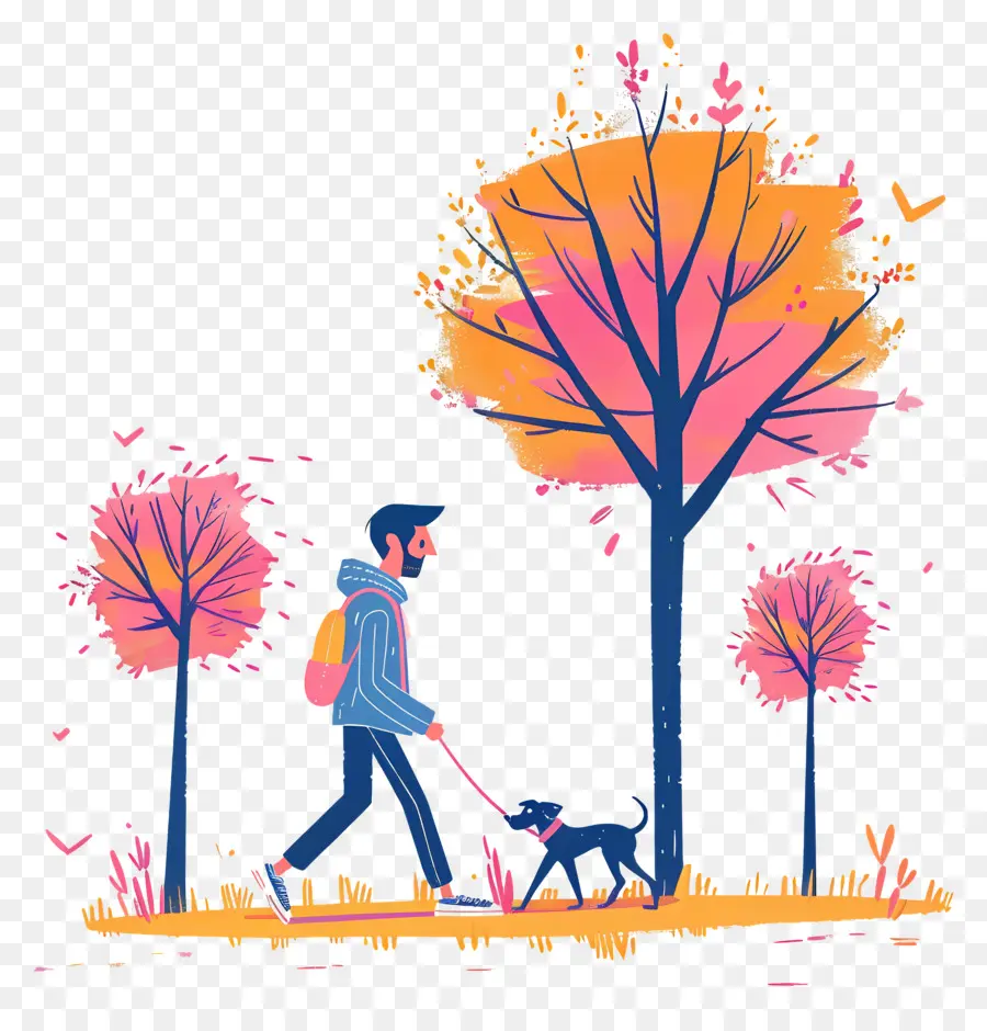 L'homme De Promenade De Chien，En Automne Parc PNG