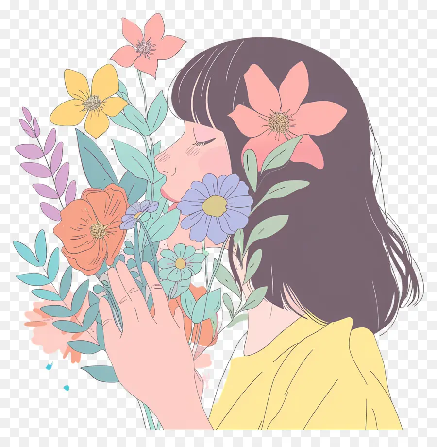 Femme Sentant Les Fleurs，Bouquet De Fleurs PNG