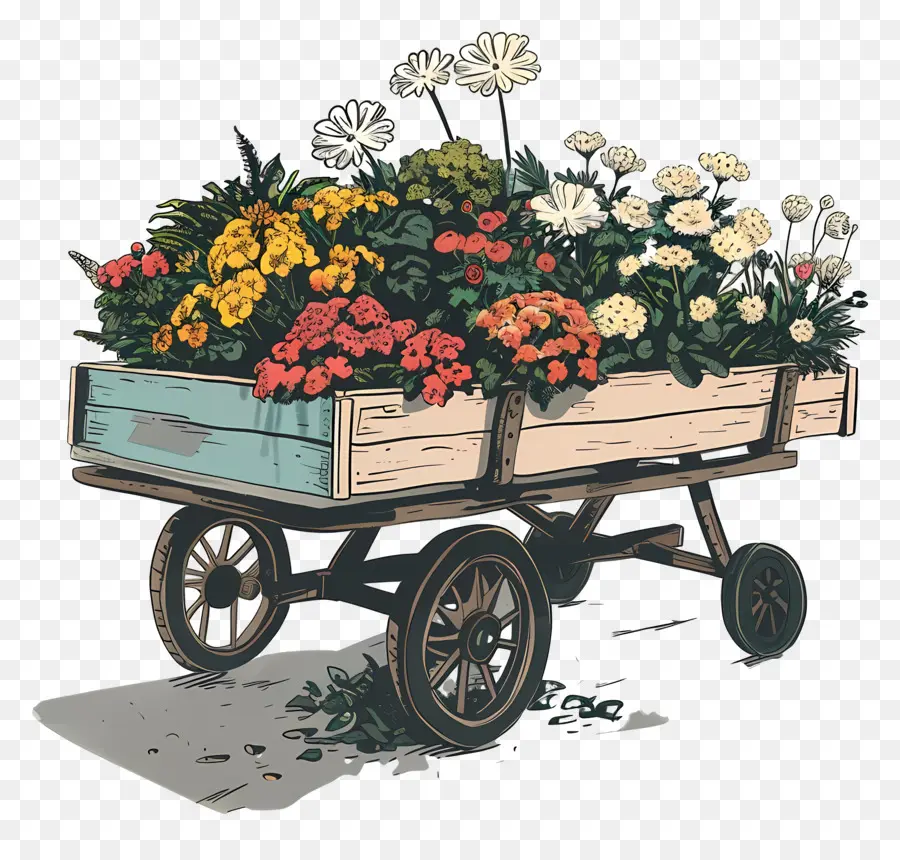 Chariot Floral，Chariot En Bois PNG