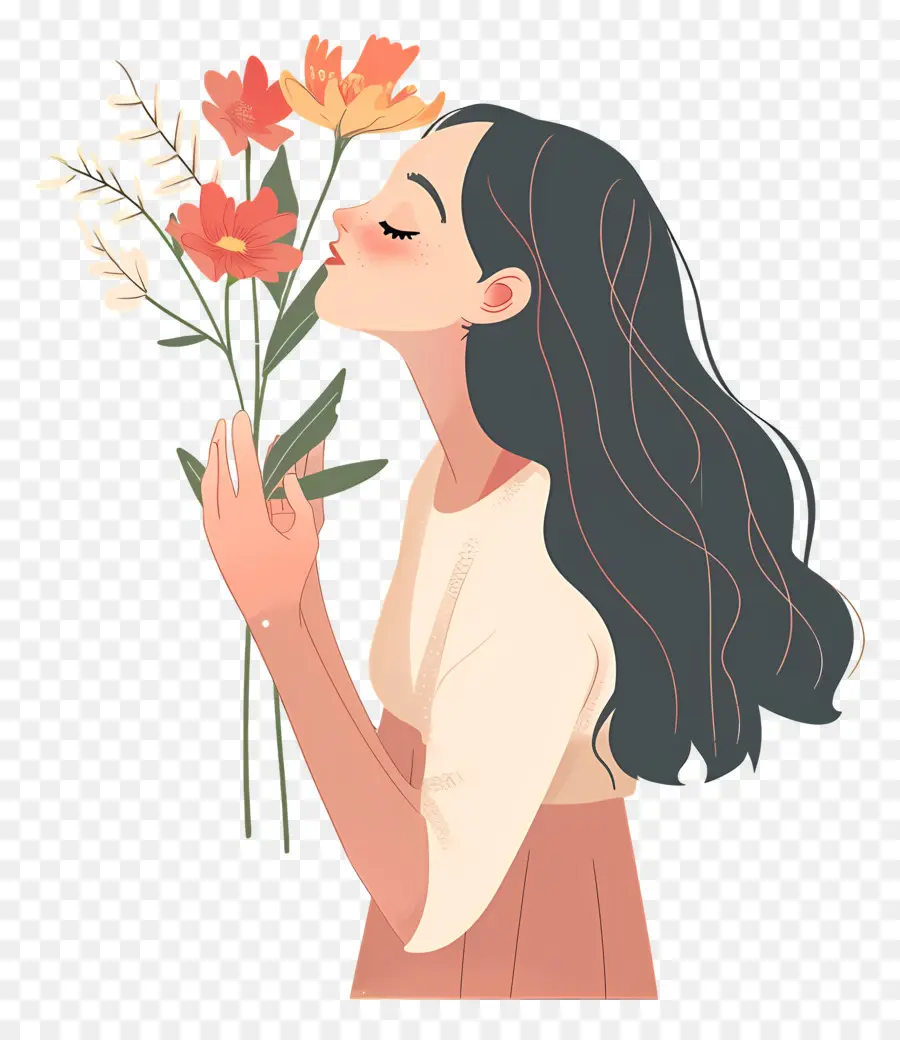 Femme Sentant Les Fleurs，Bouquet De Fleurs PNG