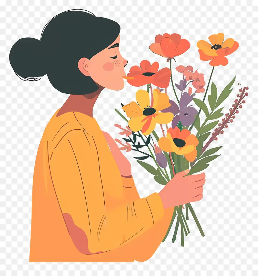 Femme Sentant Les Fleurs，Bouquet De Fleurs PNG