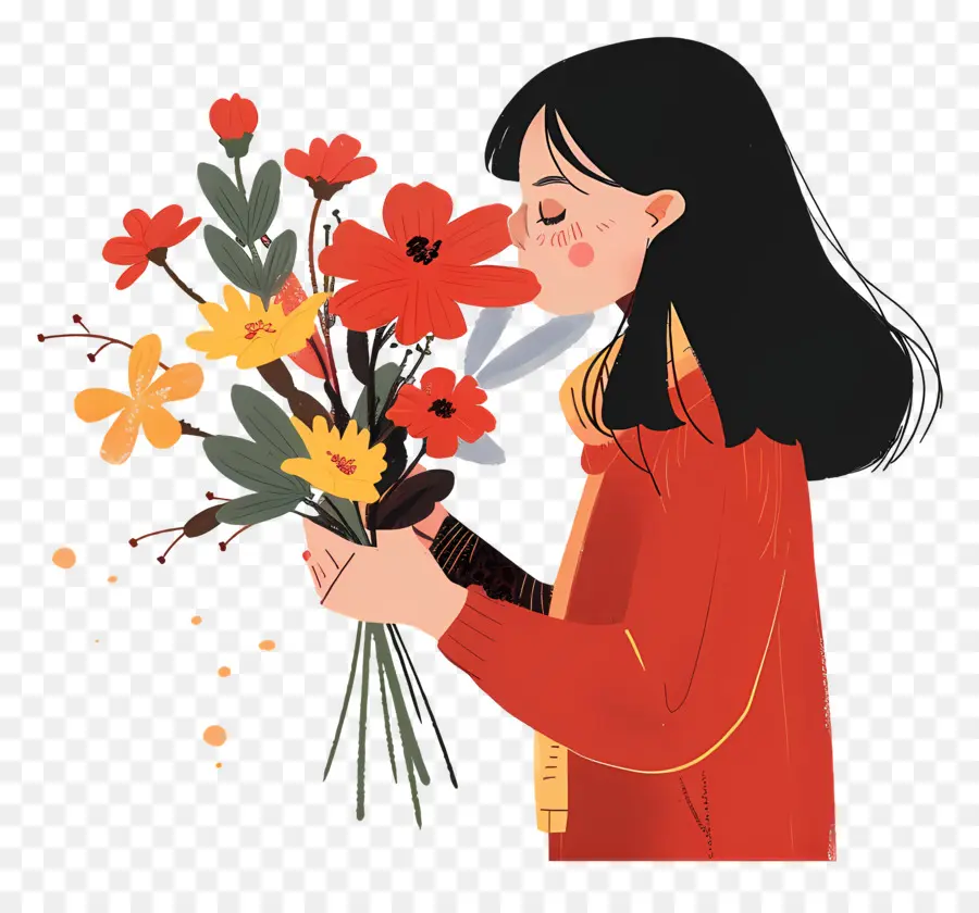 Femme Sentant Les Fleurs，Bouquet De Fleurs PNG