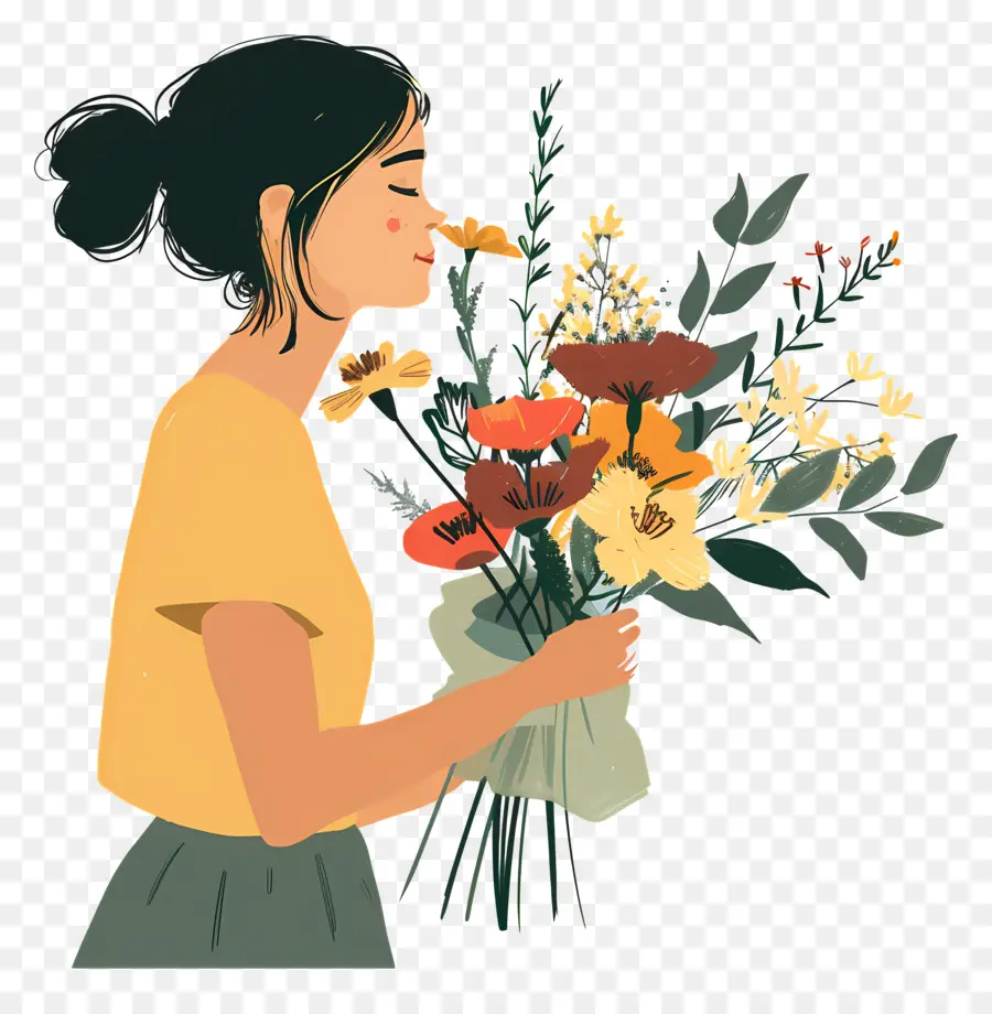 Femme Sentant Les Fleurs，Bouquet De Fleurs PNG