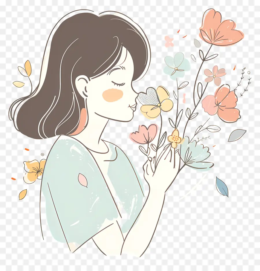 Femme Sentant Les Fleurs，Bouquet De Fleurs PNG