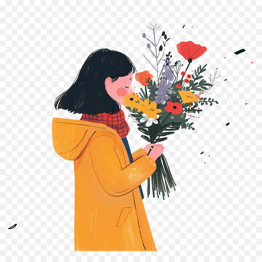 Femme Sentant Les Fleurs，Bouquet De Fleurs PNG