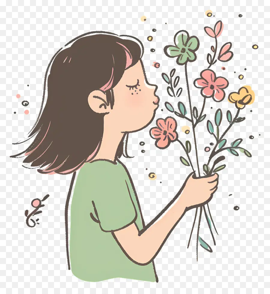 Femme Sentant Les Fleurs，Bouquet De Fleurs PNG