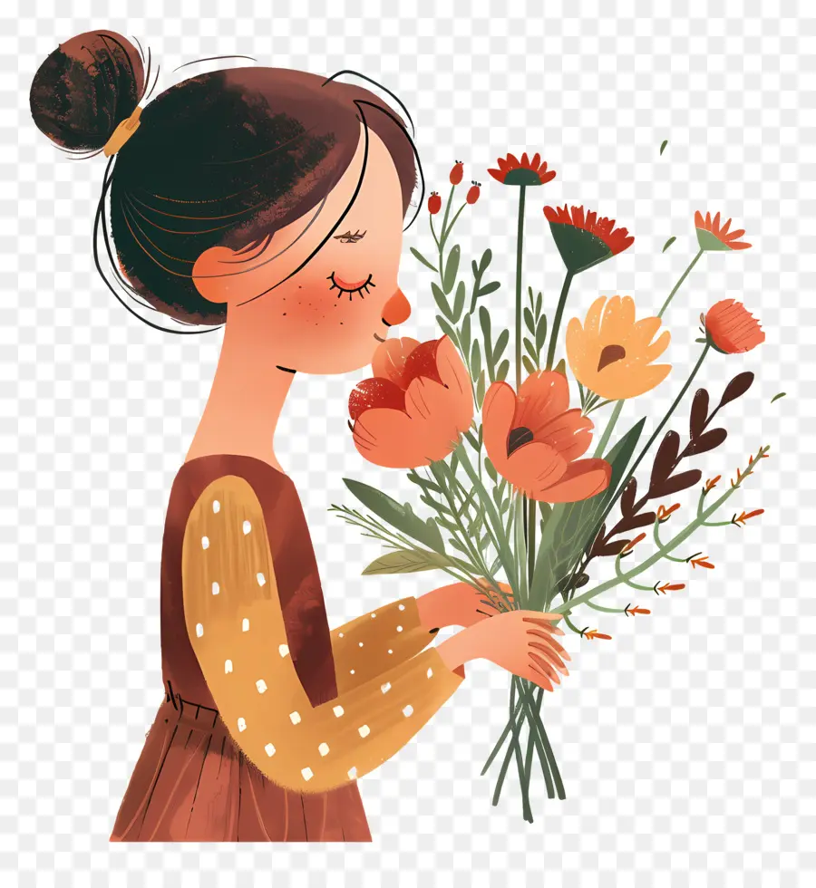 Femme Sentant Les Fleurs，Bouquet De Fleurs PNG