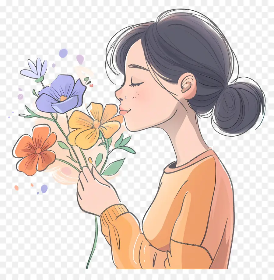 Femme Sentant Les Fleurs，Bouquet De Fleurs PNG