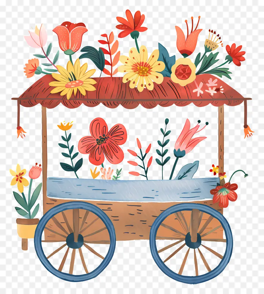 Chariot Floral，Chariot En Bois PNG