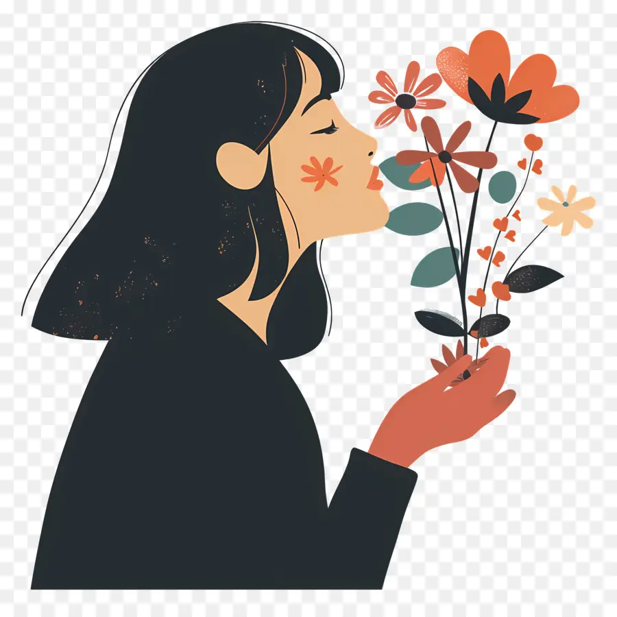 Femme Sentant Les Fleurs，Bouquet De Fleurs PNG