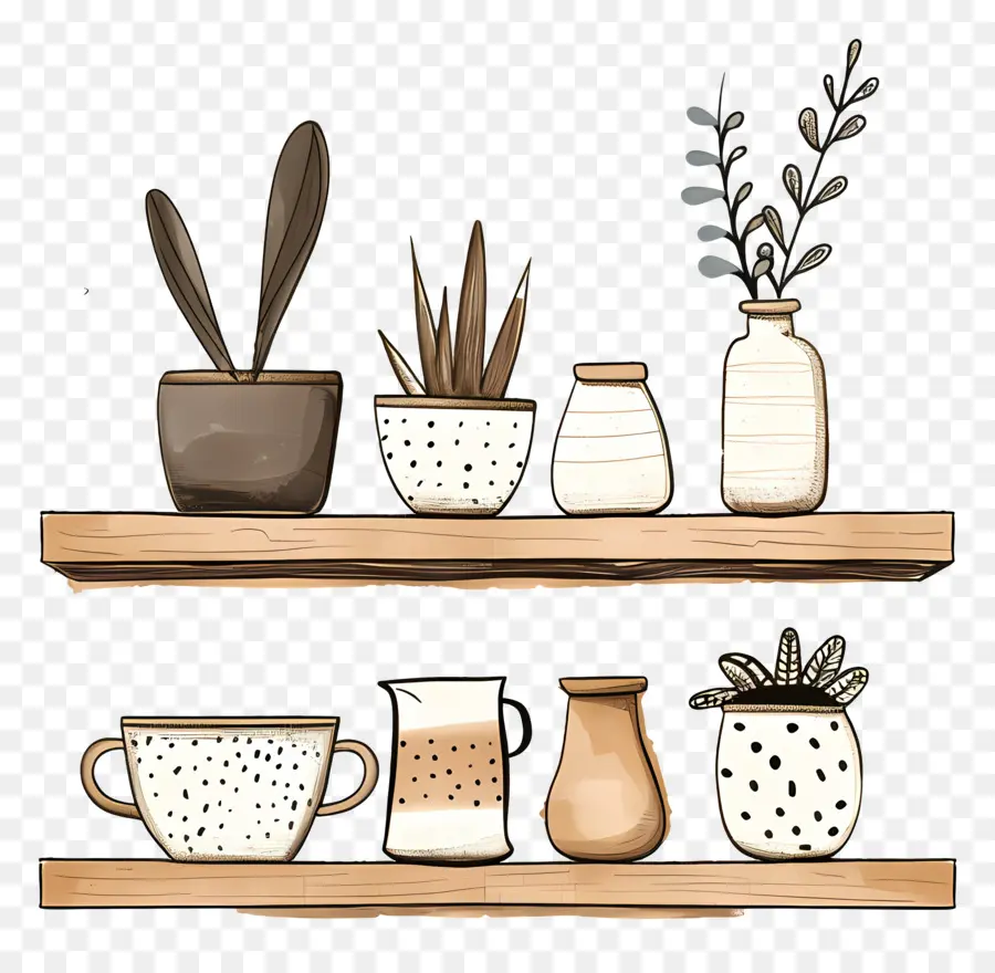 étagère Avec Poterie，Décor PNG