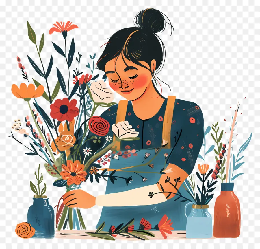 Femme Avec Des Fleurs，Bouquet PNG