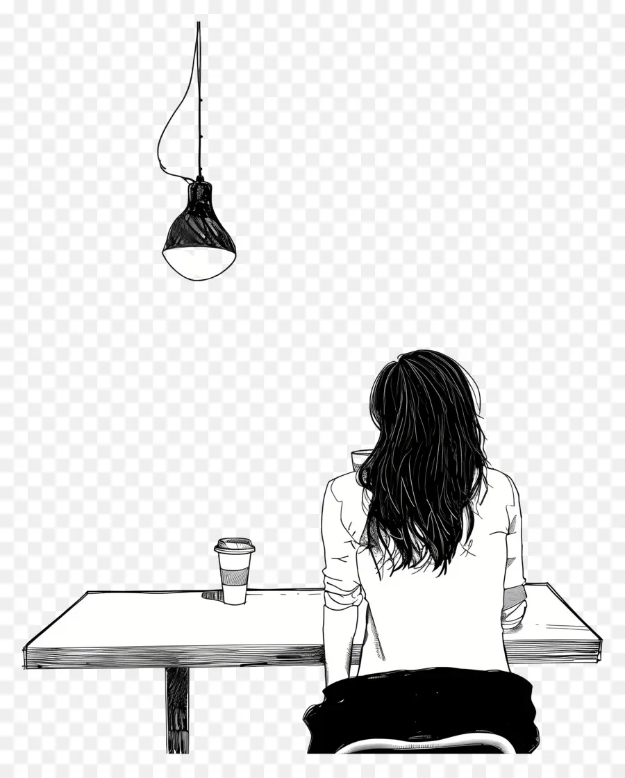 Femme Qui Attend Au Café，Dessin Noir Et Blanc PNG