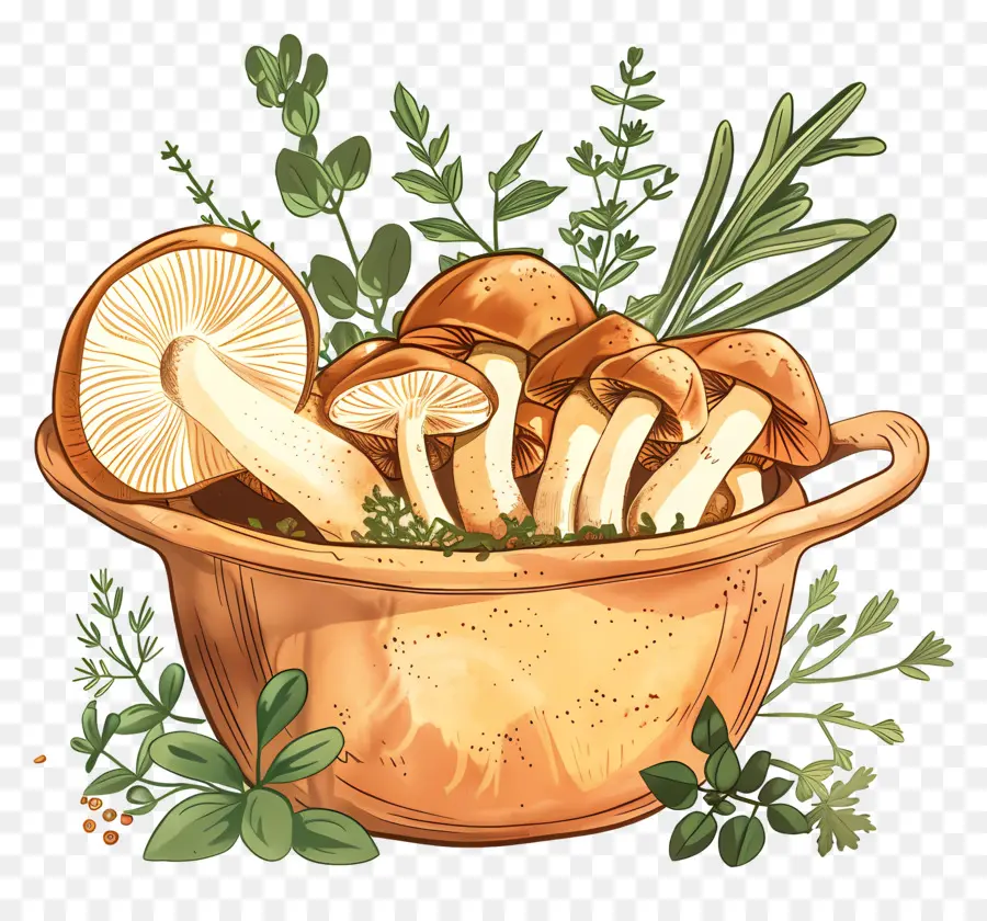 Champignons Dans Un Bol，Herbes PNG