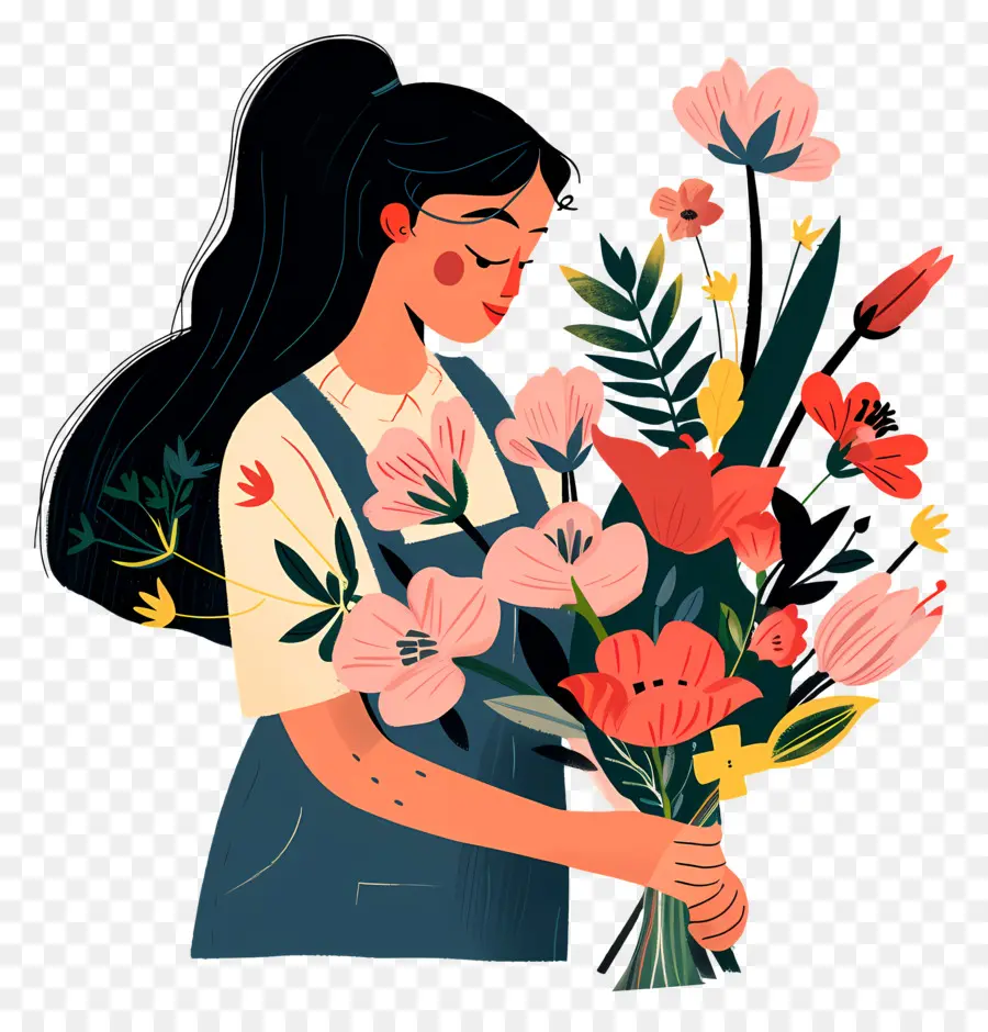 Fille Avec Des Fleurs，Bouquet PNG