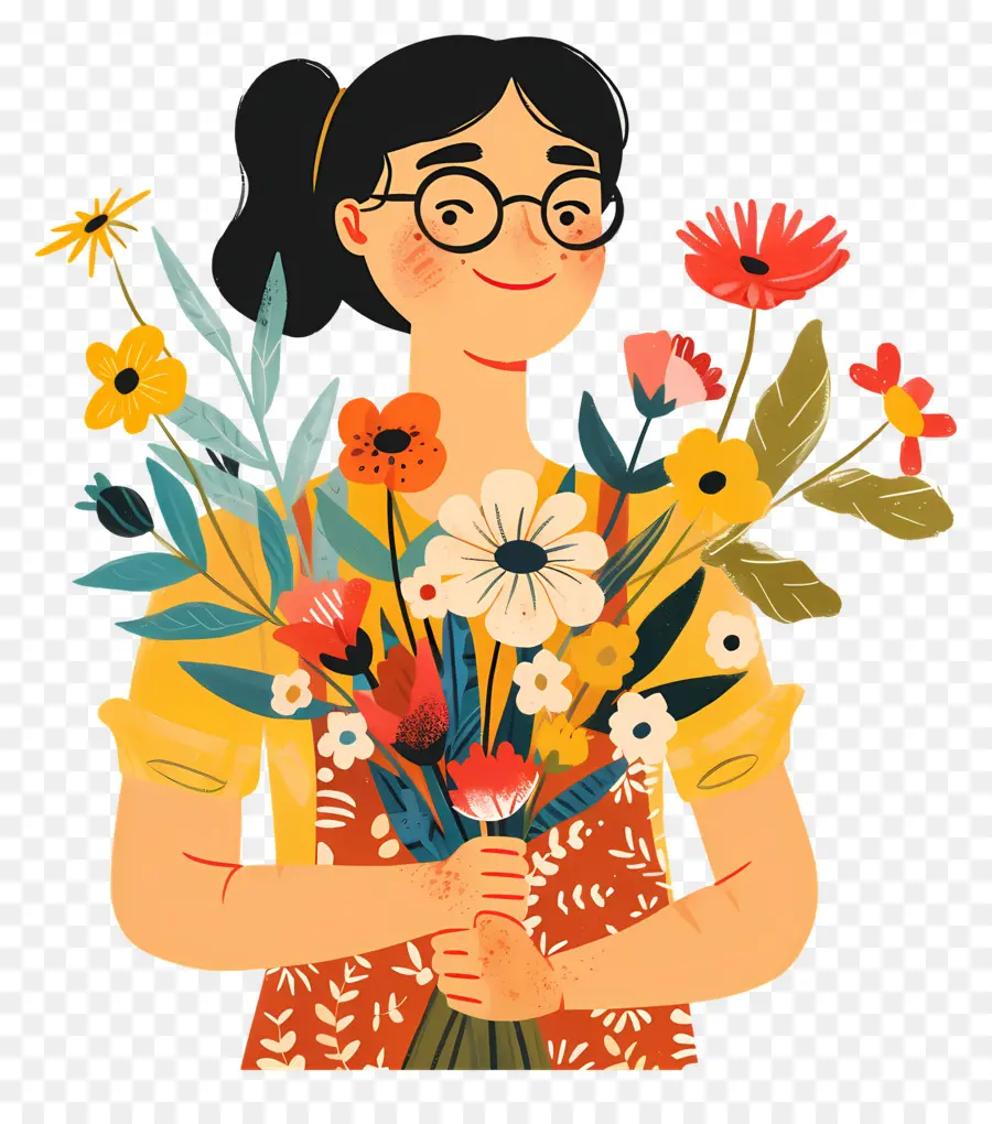 Femme Avec Des Fleurs，Bouquet PNG