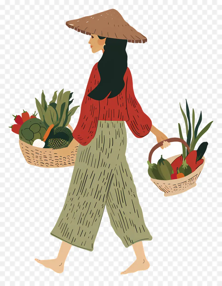 Femme Avec Des Paniers，Légumes PNG