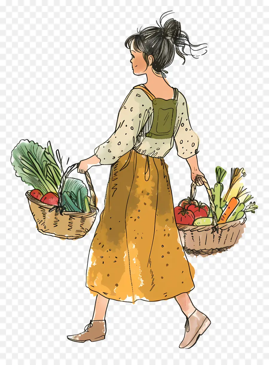 Femme Portant Un Panier De Légumes，Femme PNG