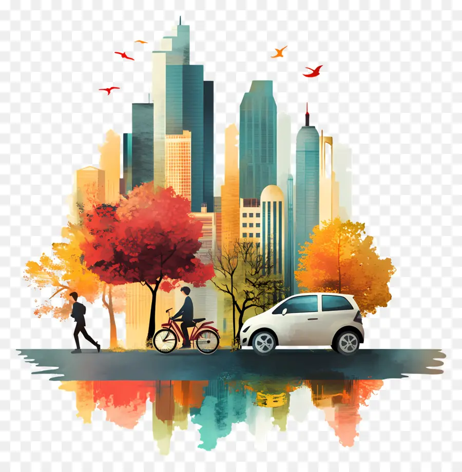 Journée Mondiale Sans Voiture，Paysage Urbain Avec Des Arbres D'automne PNG