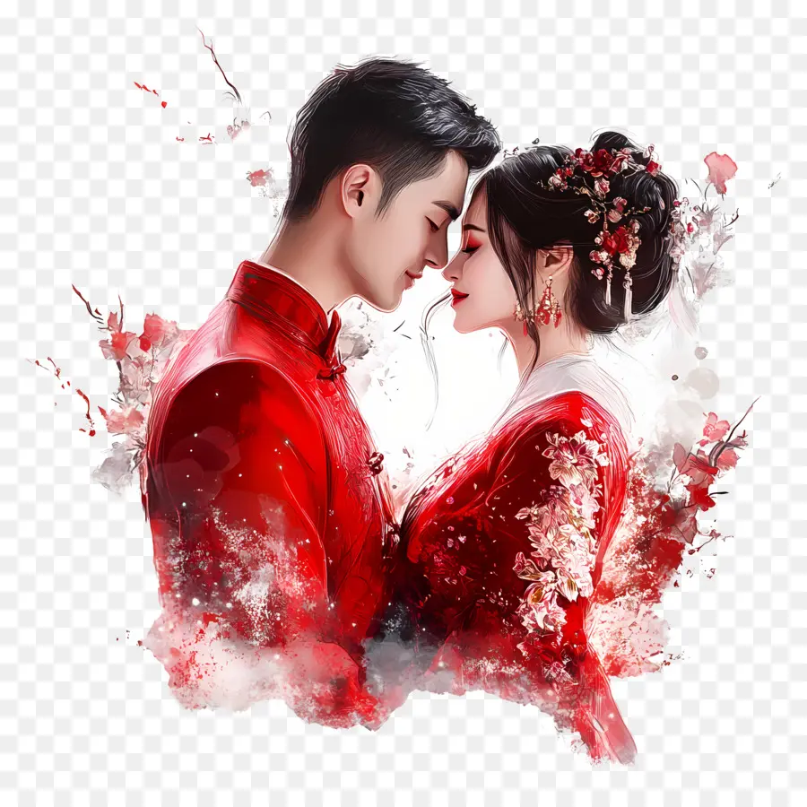 Saint Valentin Chinois，Couples En Rouge PNG