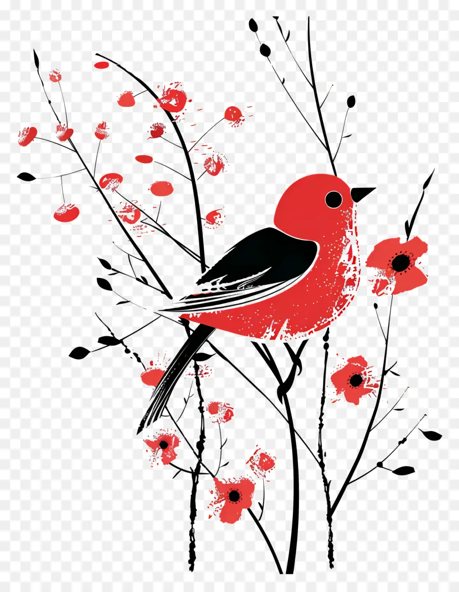 Oiseau Rouge，La Floraison Des Arbres PNG