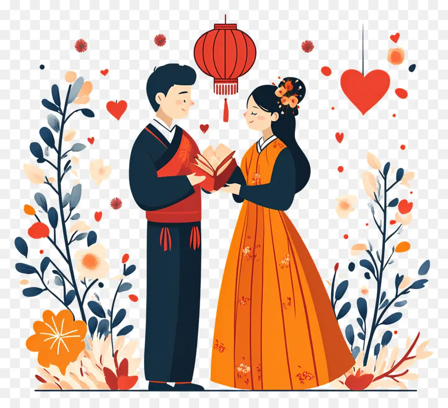 Saint Valentin Chinois，Couple En Vêtements Traditionnels PNG