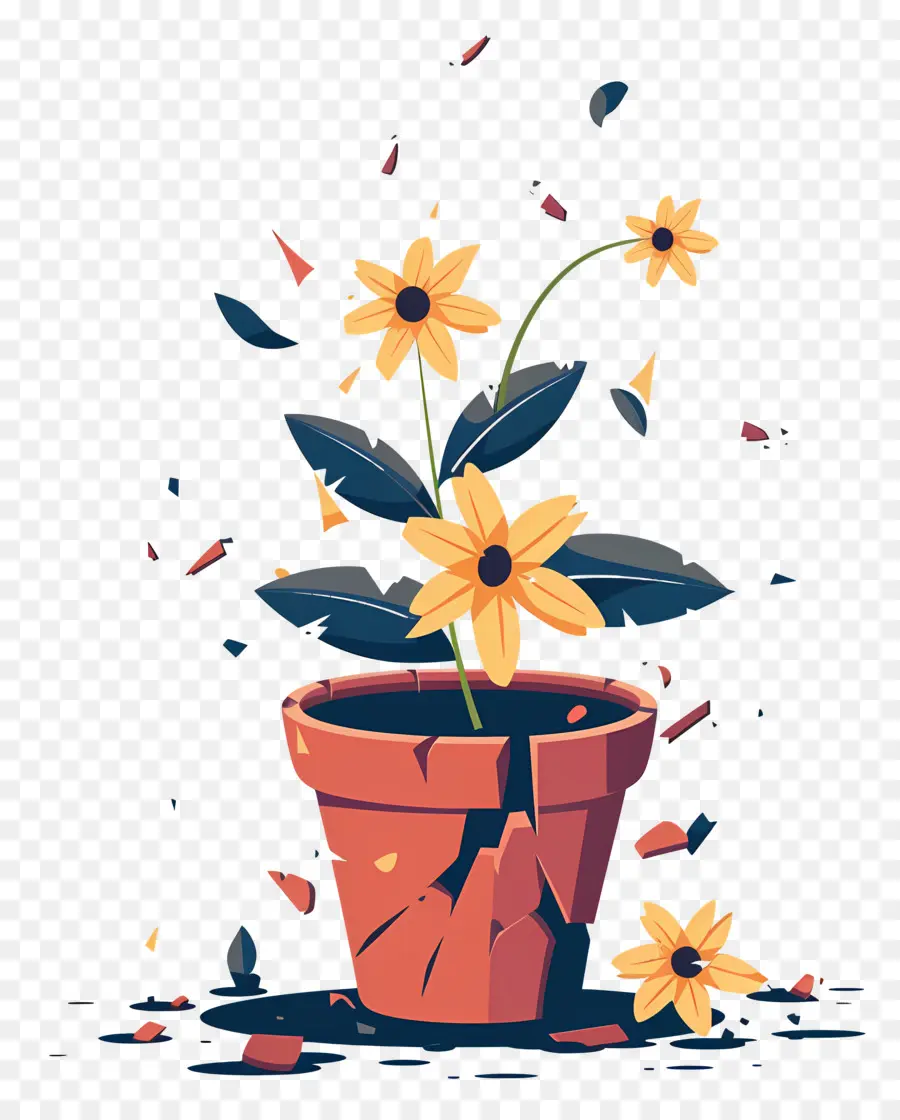 Pot De Fleurs Cassé，Fleurs Jaunes PNG