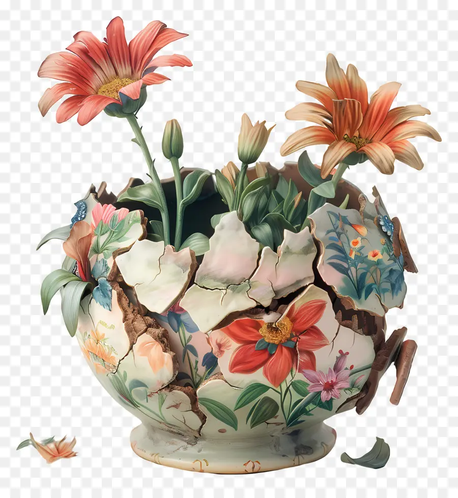 Pot De Fleurs Cassé，Vase à Fleurs Fissurées PNG