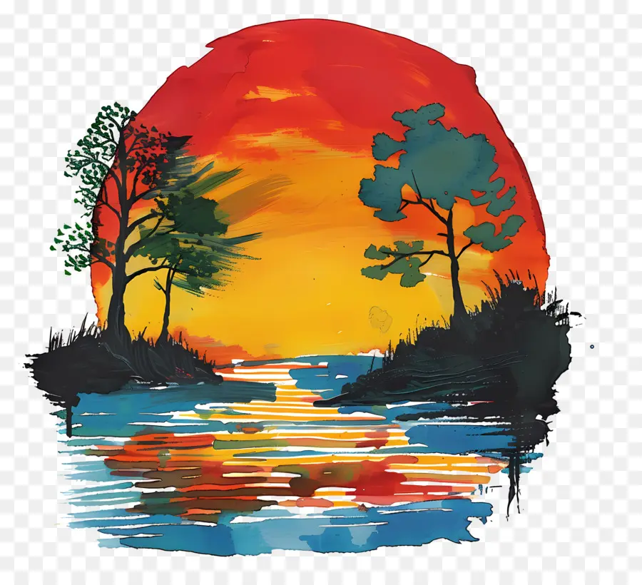 Scène De Coucher De Soleil，Coucher De Soleil De La Peinture PNG