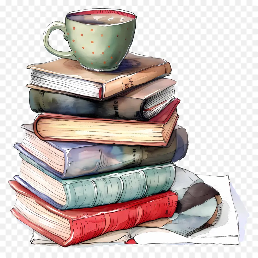 Pile De Livres，Livres Et Tasse PNG