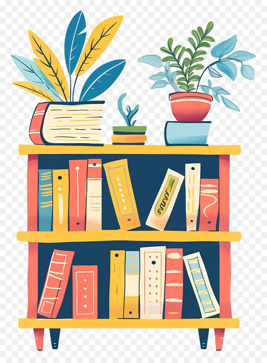 Bibliothèque En Bois，Étagère Avec Des Plantes PNG