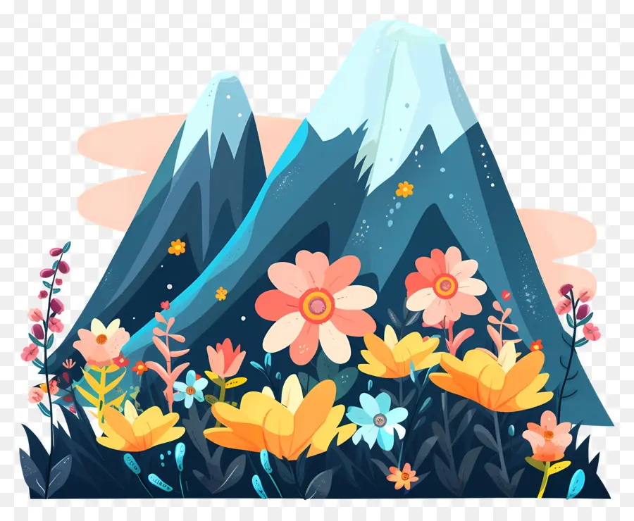 Montagne De Dessin Animé，Montagnes Et Fleurs PNG