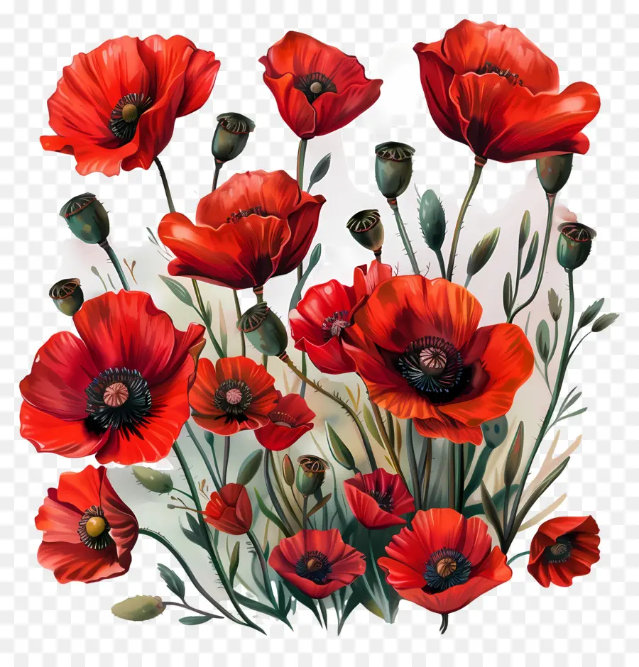 Les Fleurs De Pavot，Fleurs Rouges Et Blanches PNG