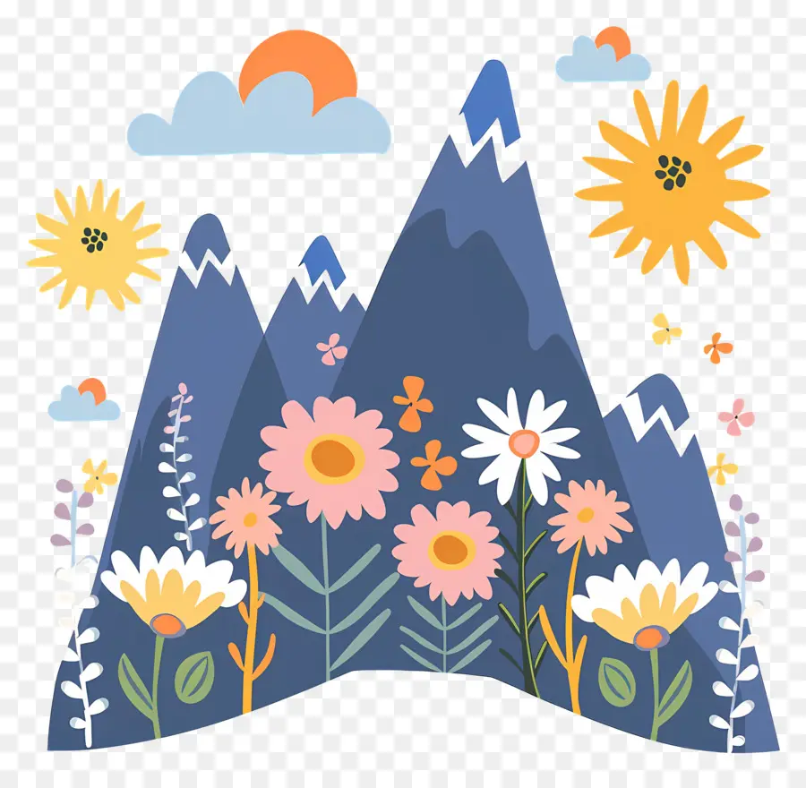 Montagne De Dessin Animé，Montagnes Et Fleurs PNG