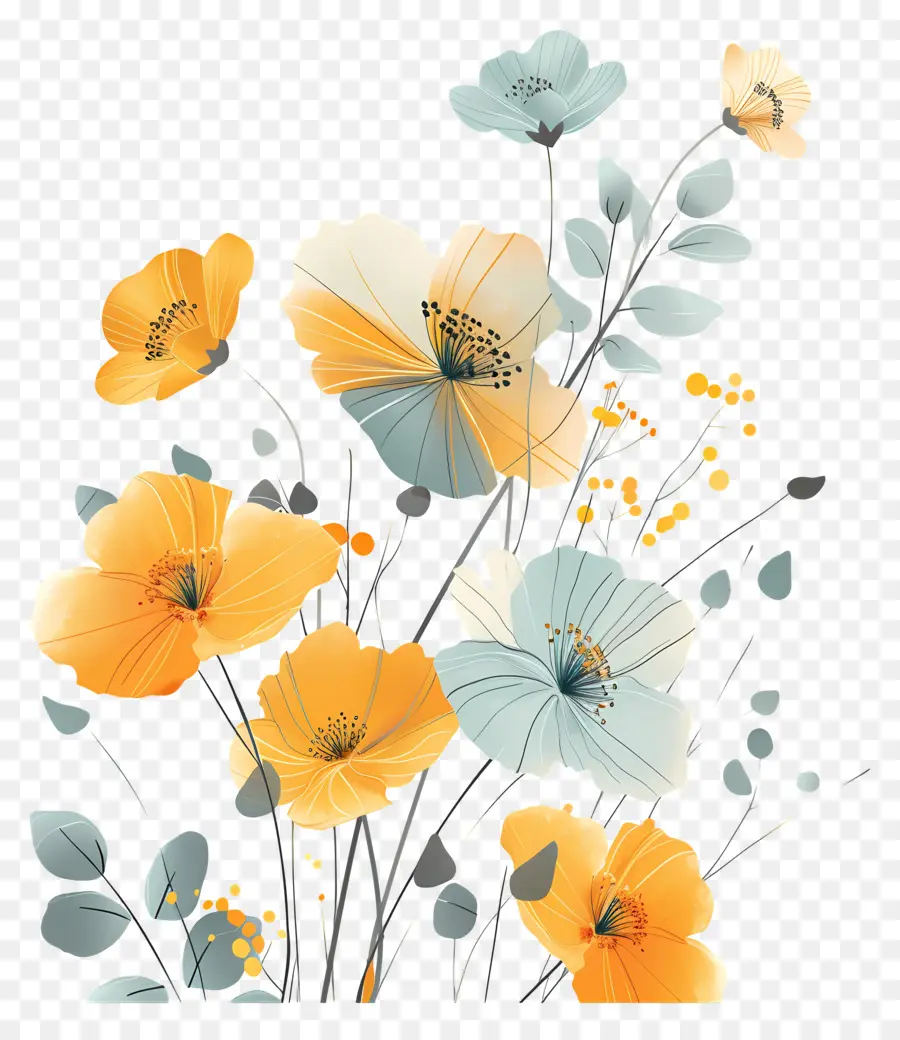 Fleurs D'or，Fleurs Jaunes Et Bleues PNG