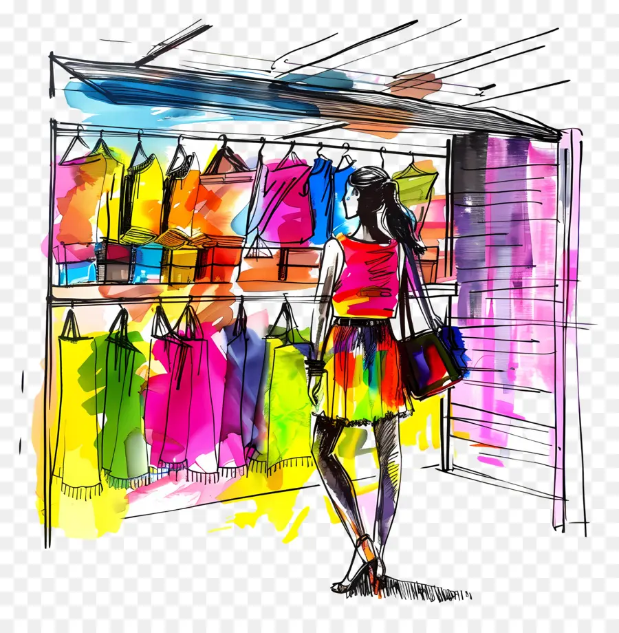 Femme Dans La Boutique De Mode，Vêtements Colorés PNG