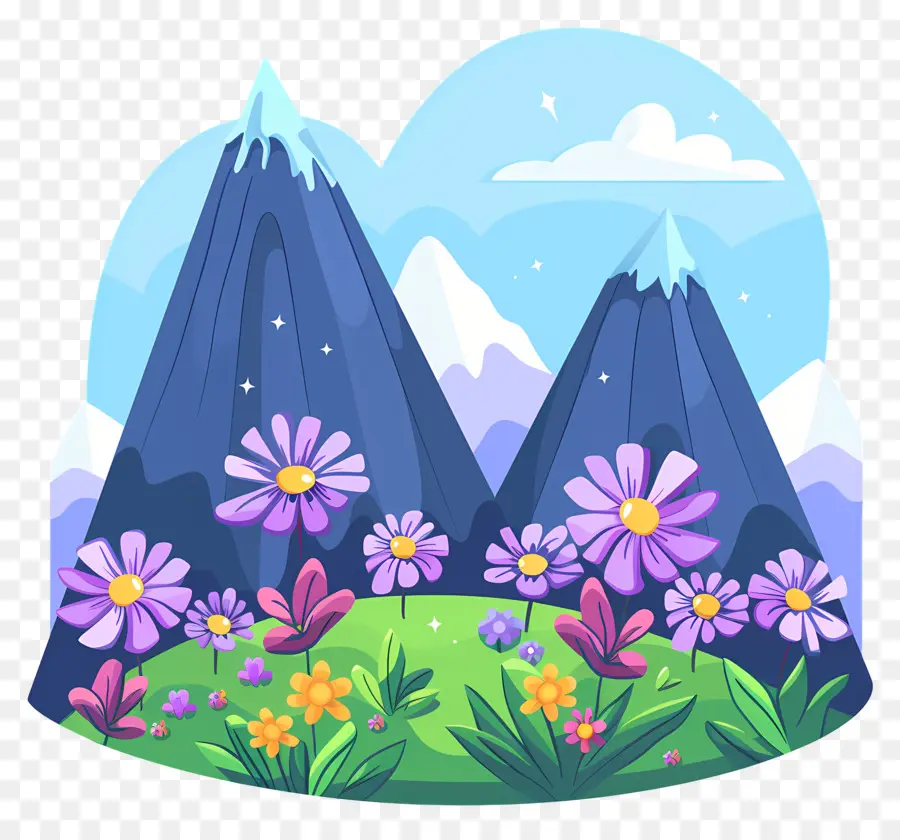 Dessin Animé De Montagne，Montagnes Et Fleurs PNG