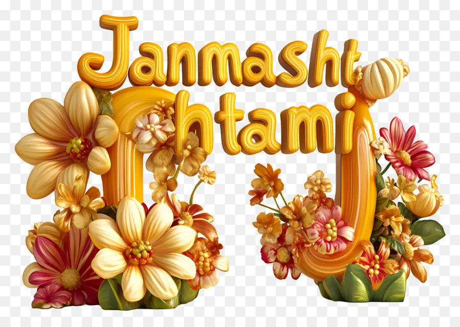 Janmashtami，Texte Janmashtami Avec Des Fleurs PNG