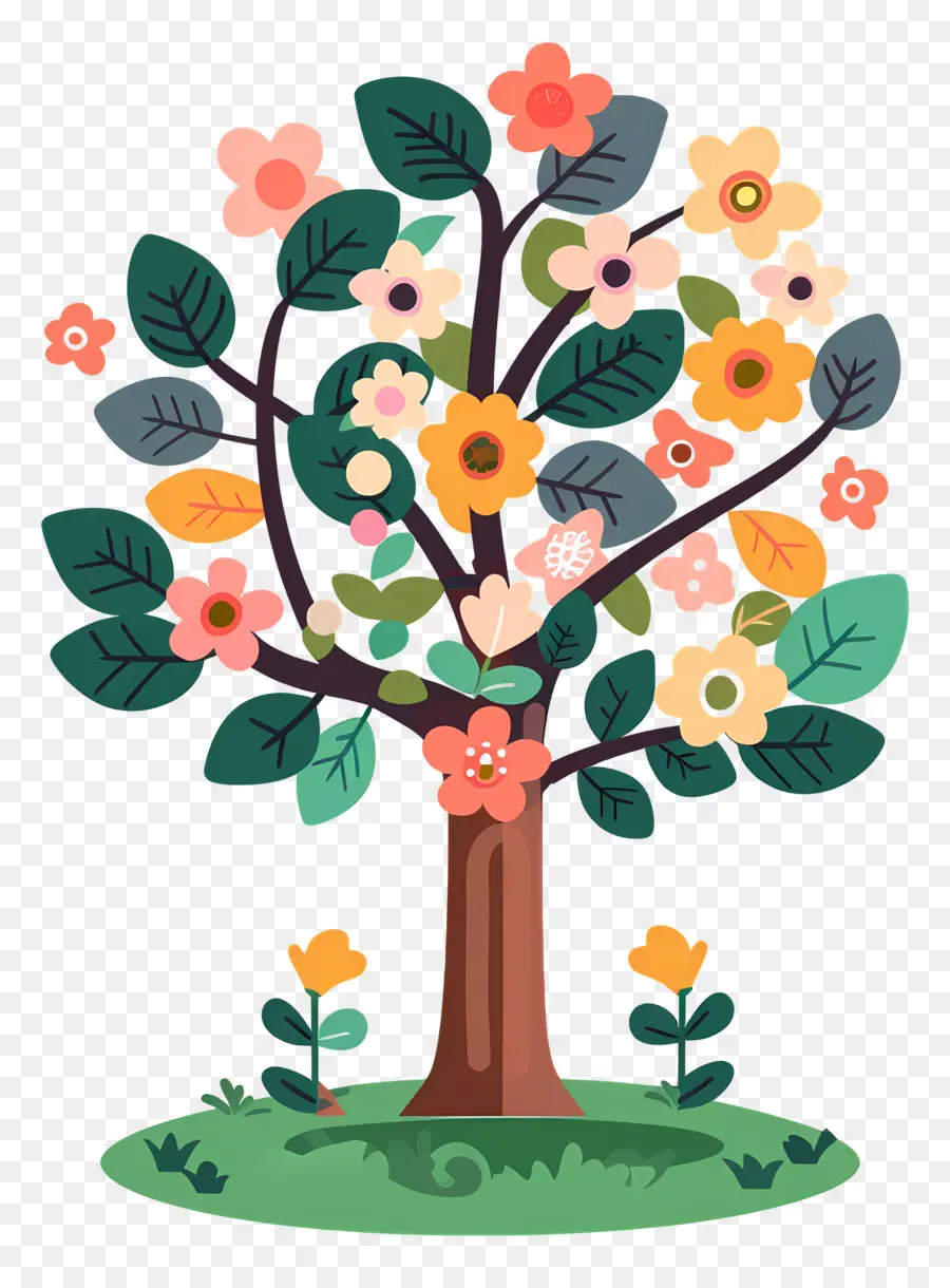 Arbre De Dessin Animé，Arbre Décoratif Avec Des Fleurs PNG