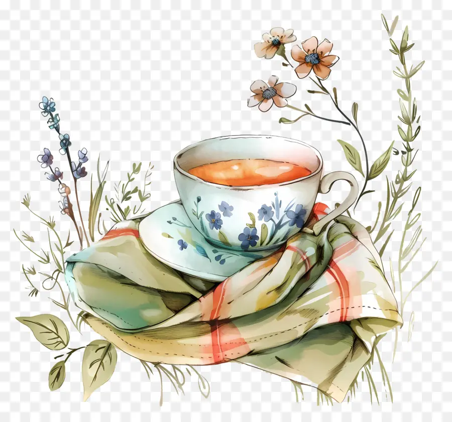 Thé Noir，Tasse De Thé Avec Des Fleurs PNG